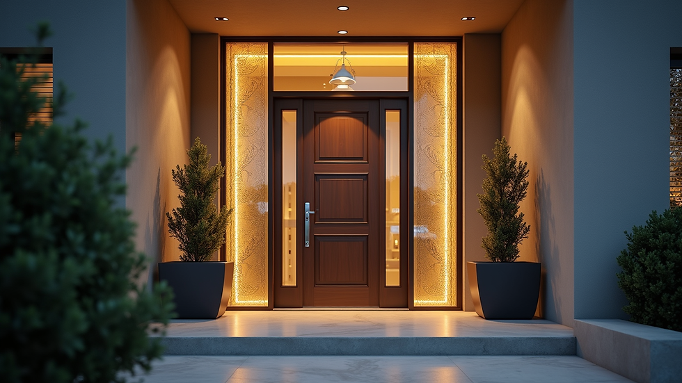 Eye-level view of a modern front door with decorative glass