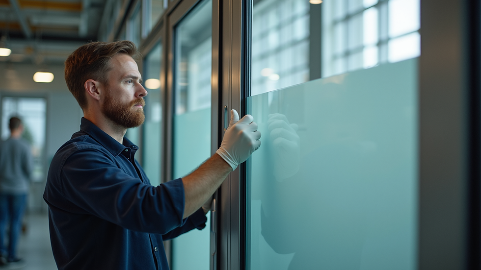 Close-up view of a technician installing a glass panel on a door