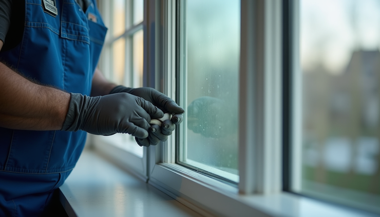 Close-up view of a double-glazed glass unit being installed in a window frame