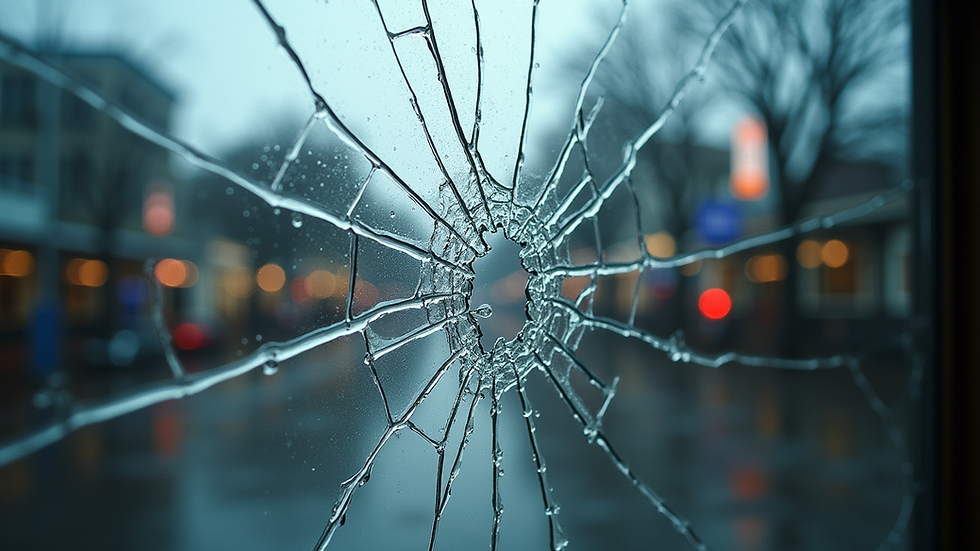 Eye-level view of a cracked window glass with visible damage