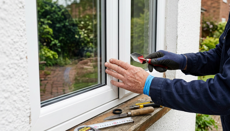 Close-up view of a glazier checking a double glazed unit in a white uPVC frame