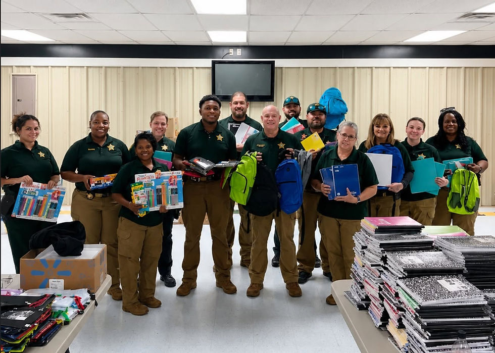 Community partnership team holding school supplies.