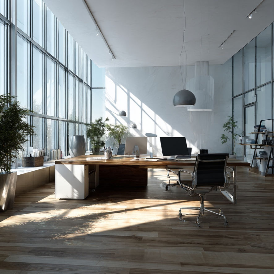 Bright modern office with large windows and desk
