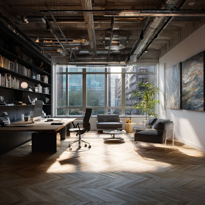 Contemporary office with desk, seating, and large city windows
