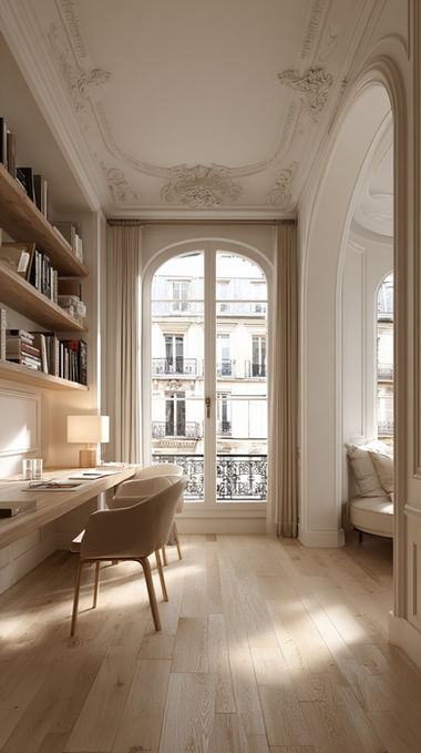 Light-filled home office with desk, shelves, and arched window