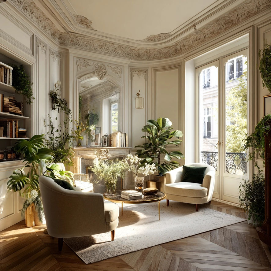 Elegant sunlit living room with ornate decor and plants