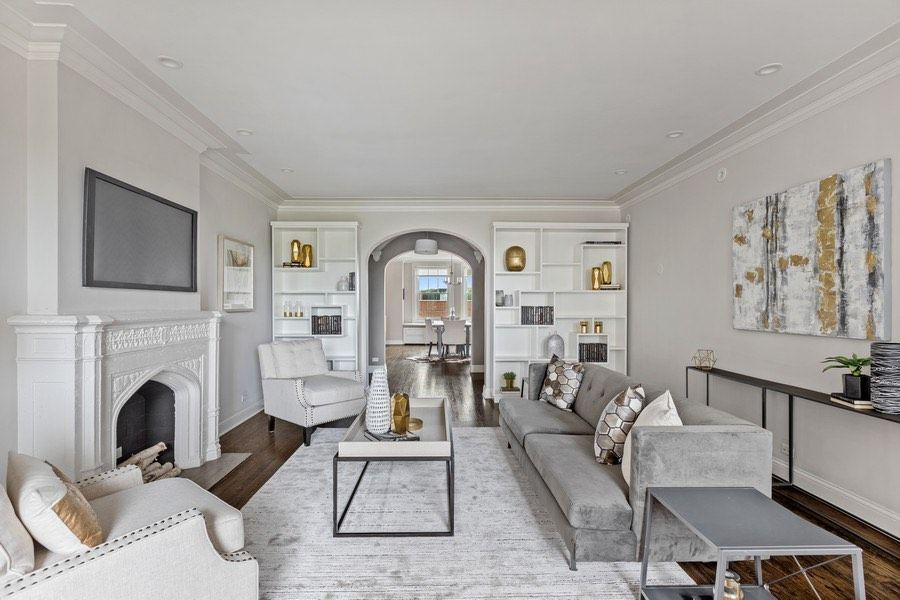 modern living room with open built-in shelving