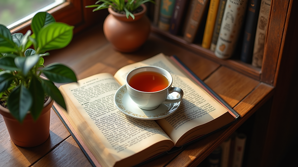 High angle view of a cozy reading nook with Indian culture books and a cup of tea