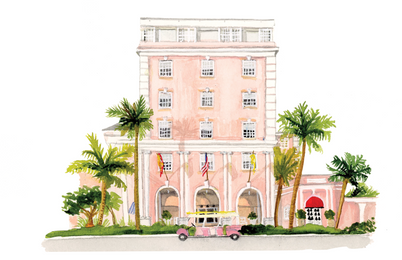 Watercolor painting of a pink historic hotel with palm trees