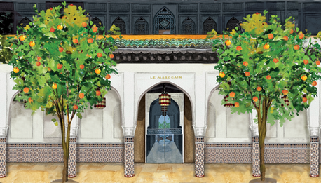 Custom artwork of orange trees in a Moroccan courtyard
