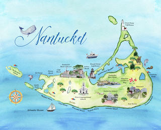 Watercolor map of Nantucket with local landmarks