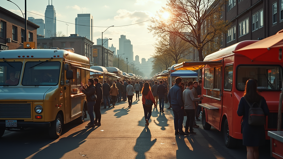 Wide angle view of a food truck lot bustling with activity