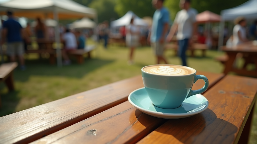 High angle view of a coffee cup with latte art on a picnic table at a community festival