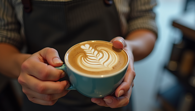 Close-up view of a barista preparing a latte with latte art on top