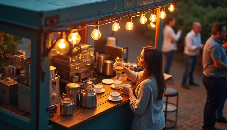 High angle view of guests enjoying coffee near a stylish coffee cart at an outdoor gathering