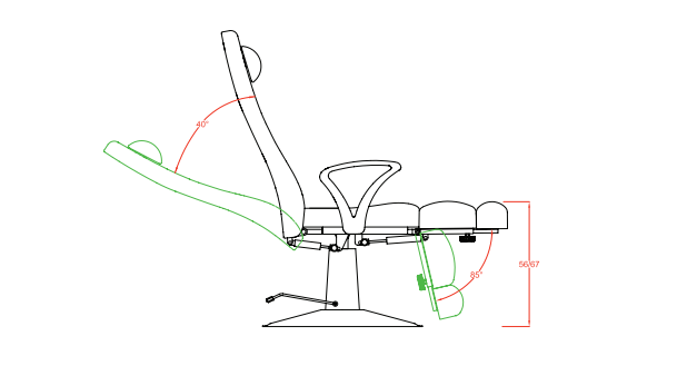 Miniatura: Poltrona podologica Adelaide schema tecnico vista laterale con inclinazione schienale e gambali regolabili