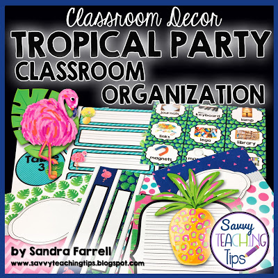 I love this tropical classroom decor.  It has cute flamingos, pineapples, and palm leaves.  It has fun bright colors too.  Get all the pieces in a bundle.