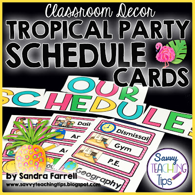 I love this tropical classroom decor.  It has cute flamingos, pineapples, and palm leaves.  It has fun bright colors too.  Get all the pieces in a bundle.