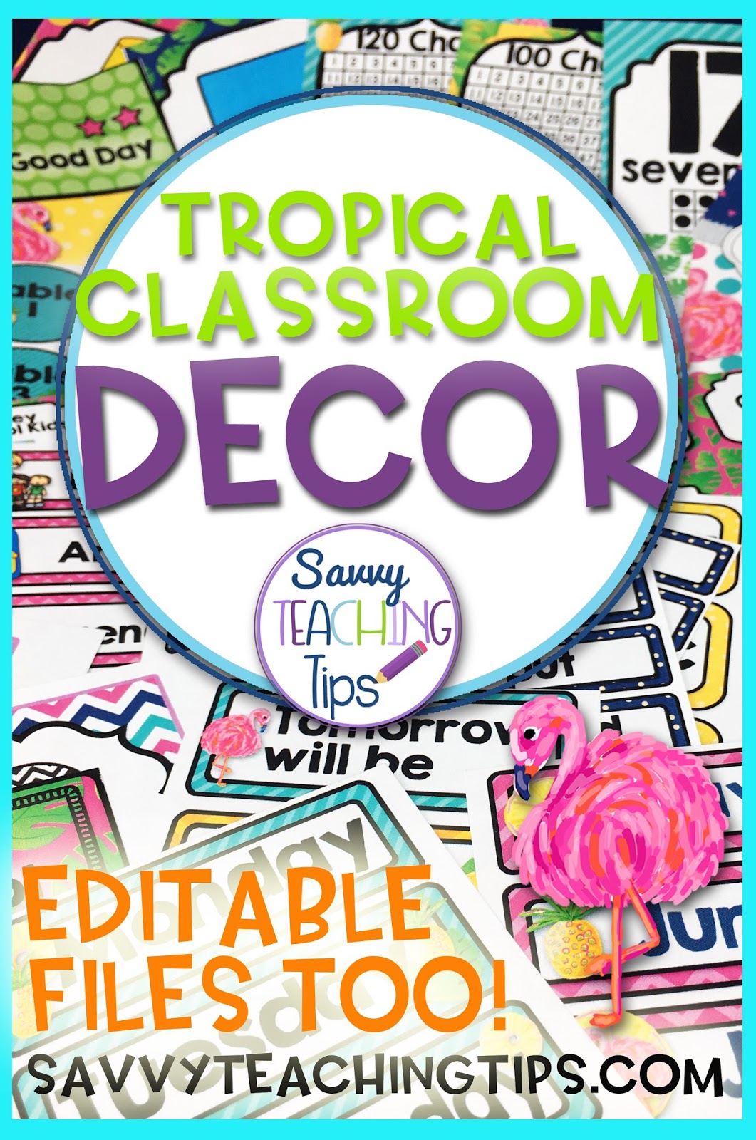 I love this tropical classroom decor.  It has cute flamingos, pineapples, and palm leaves.  It has fun bright colors too.  Get all the pieces in a bundle.