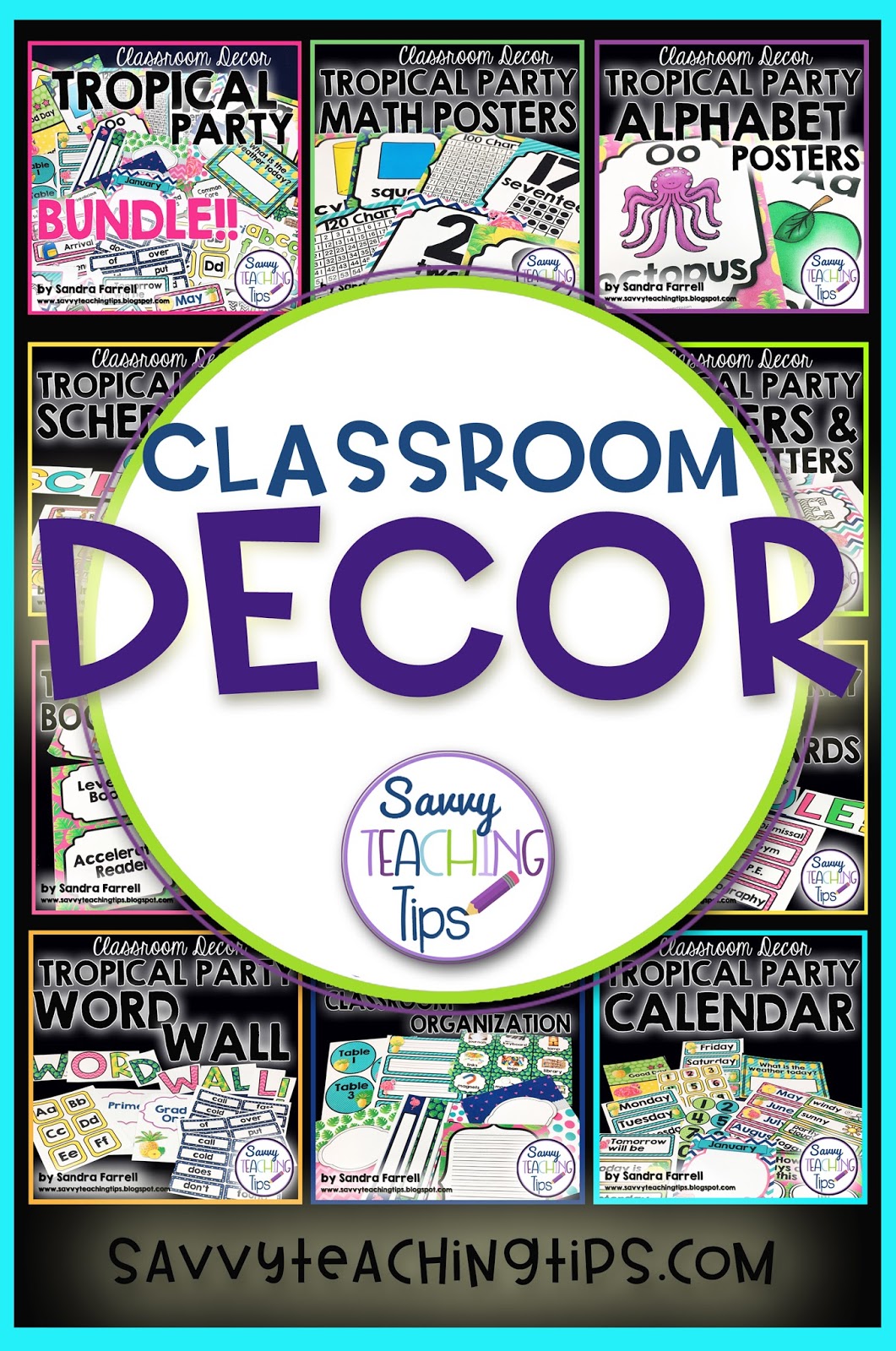 I love this tropical classroom decor.  It has cute flamingos, pineapples, and palm leaves.  It has fun bright colors too.  Get all the pieces in a bundle.