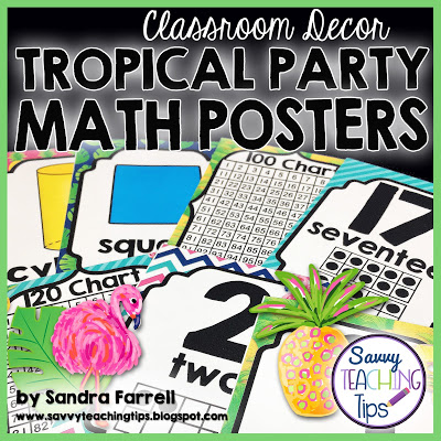 I love this tropical classroom decor.  It has cute flamingos, pineapples, and palm leaves.  It has fun bright colors too.  Get all the pieces in a bundle.