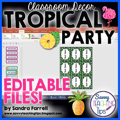 I love this tropical classroom decor.  It has cute flamingos, pineapples, and palm leaves.  It has fun bright colors too.  Get all the pieces in a bundle.