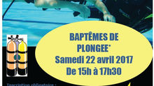 Prochains baptêmes à la piscine de Couzé'o le samedi 22 avril 2017 de 15h00 à 17h30
