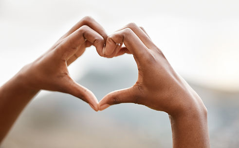 Hands, person and outdoor with heart sign, symbol and start morning with kindness, gratitu