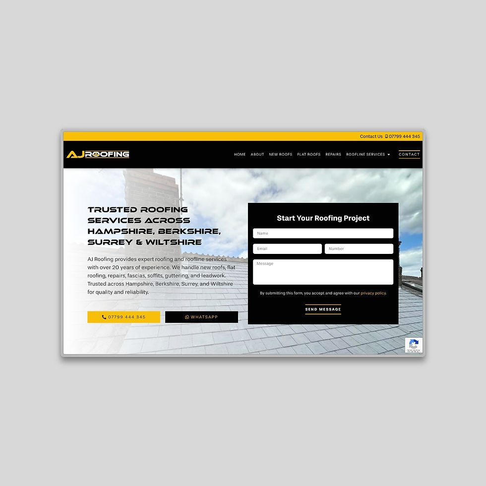 A clean, professional website for AJ Roofing—highlighting their services with bold imagery, clear typography, and intuitive navigation.