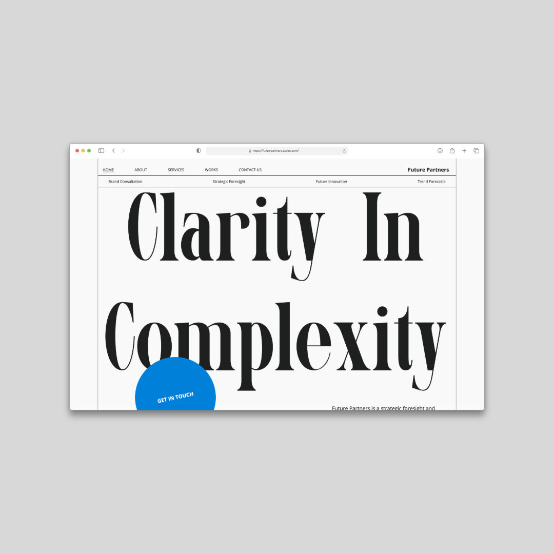 A personal project for a strategy consultancys portfolio. The site uses a very simple palette, animations and few visual assets.