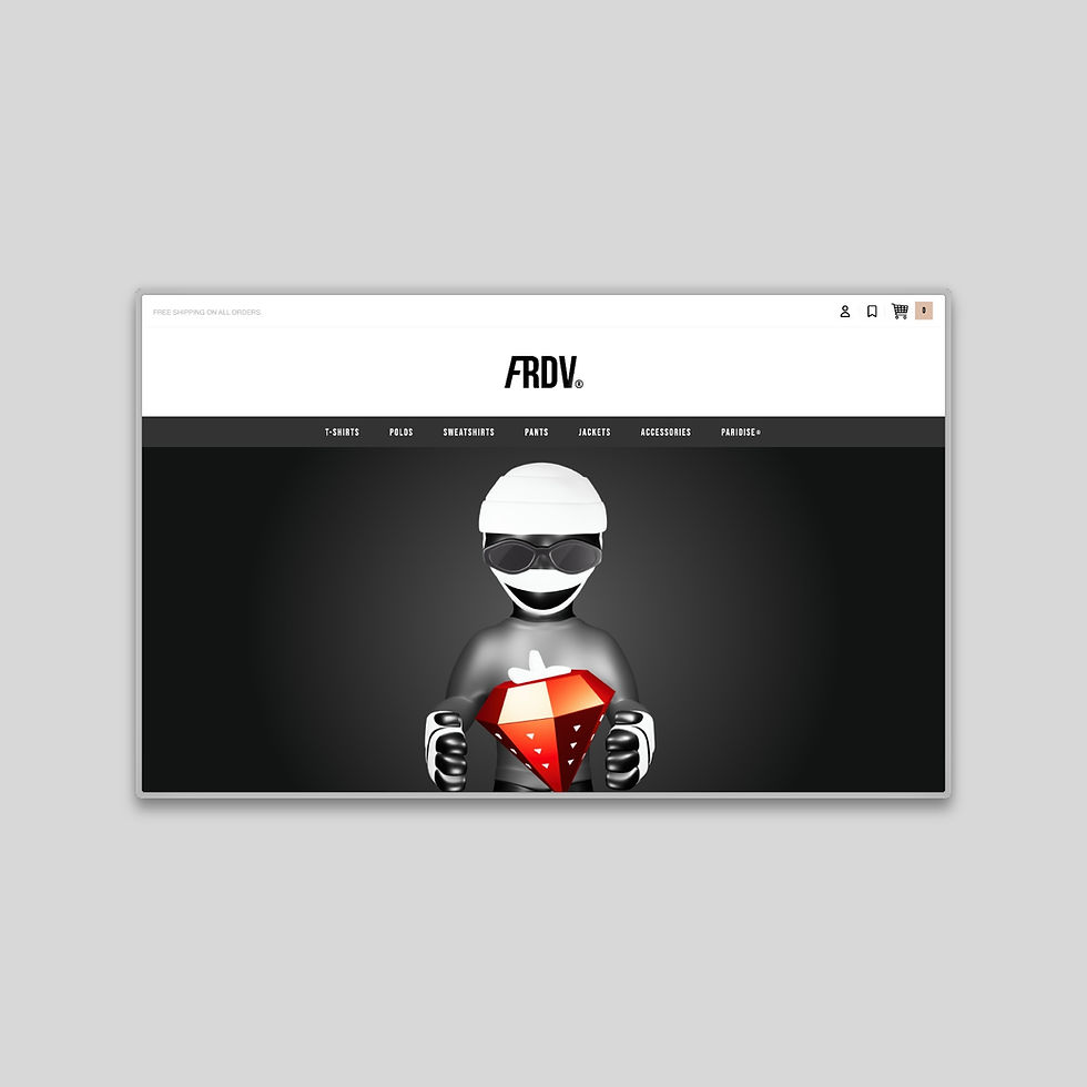 E-commerce store for FRDV, a French streetwear designer brand.
- Role: Web development, UI-UX design, Graphic design (2D-3D).
www.frdv.co 🧢