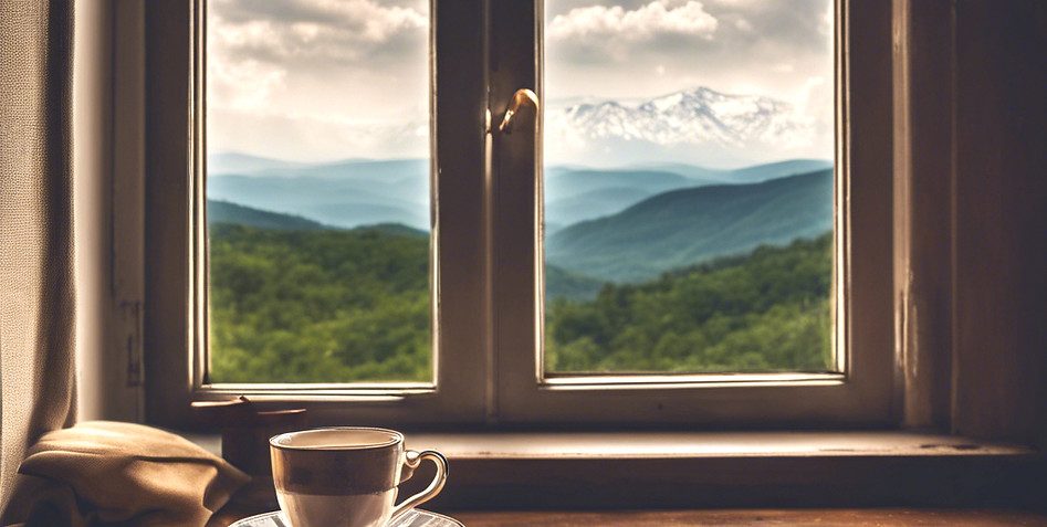 una taza de té sentado frente a un abierto