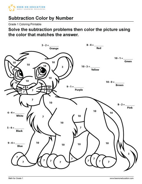 Subtraction Color by Number - Simba
