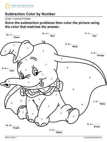 Subtraction Color by Number - Dumbo Jr.