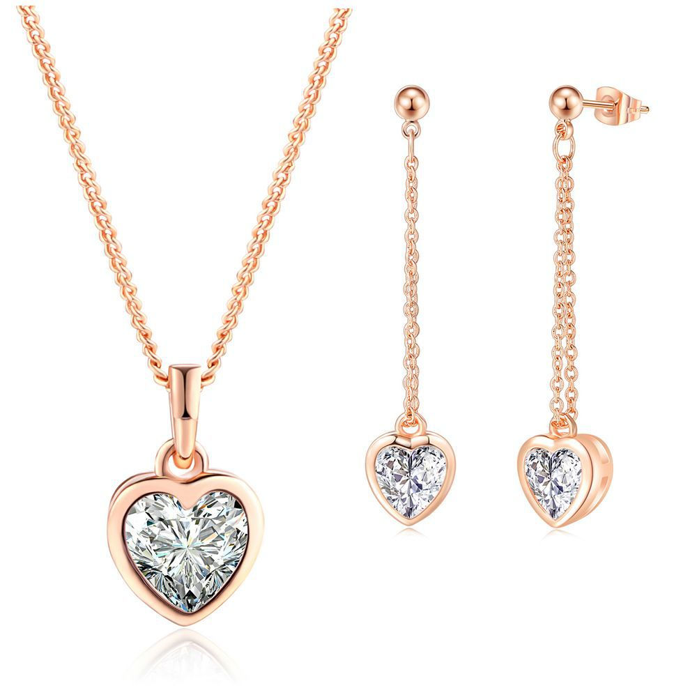Korean Fashion Jewelry Set with Heart Zircon Necklace & Earrings