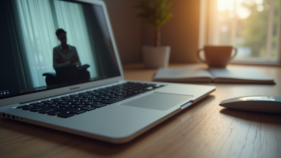 Eye-level view of a laptop on a desk with a therapy session on screen