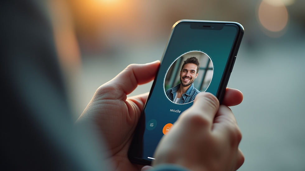Close-up view of a person’s hand holding a smartphone with a secure video call interface