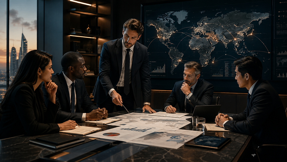 Consultants at Ad Maiora Consulting reviewing international market expansion strategy