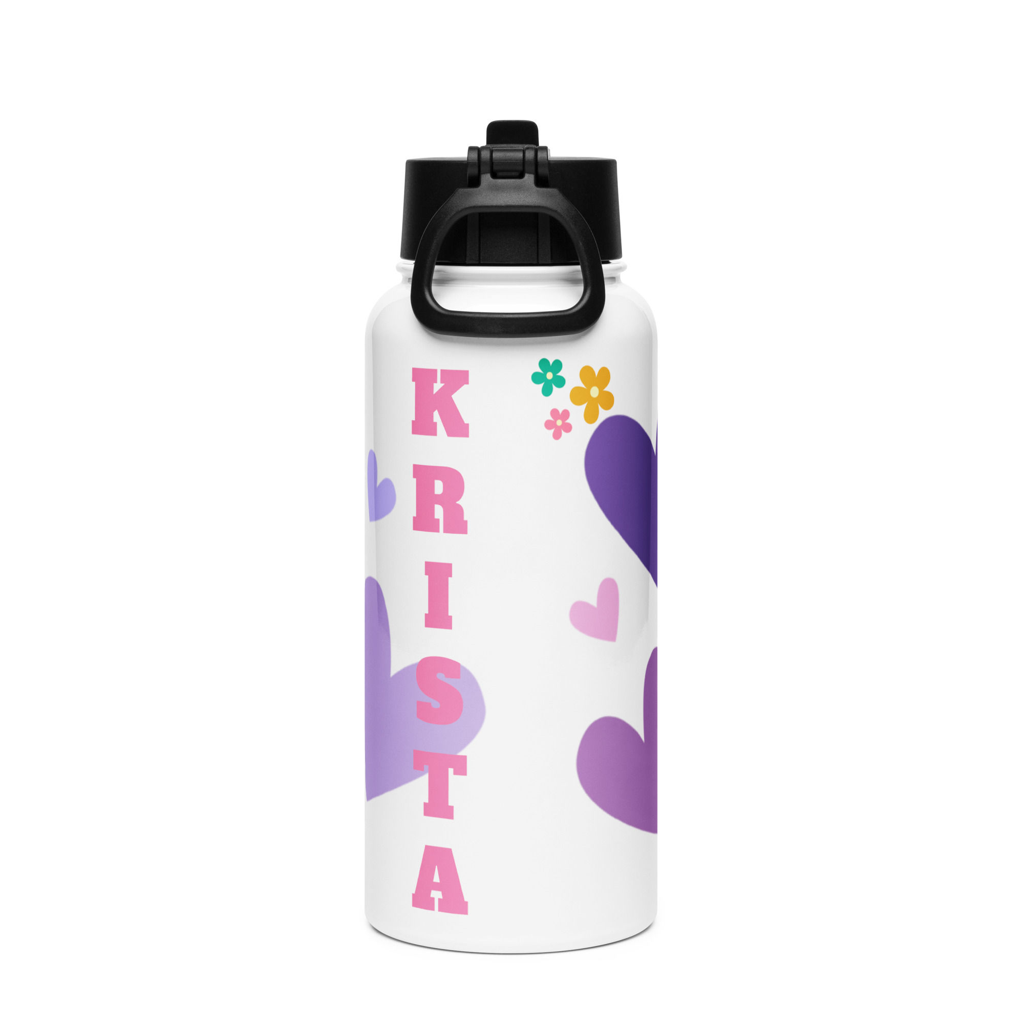 Hearts and Flowers Stainless Steel Water Bottle w/Straw Lid