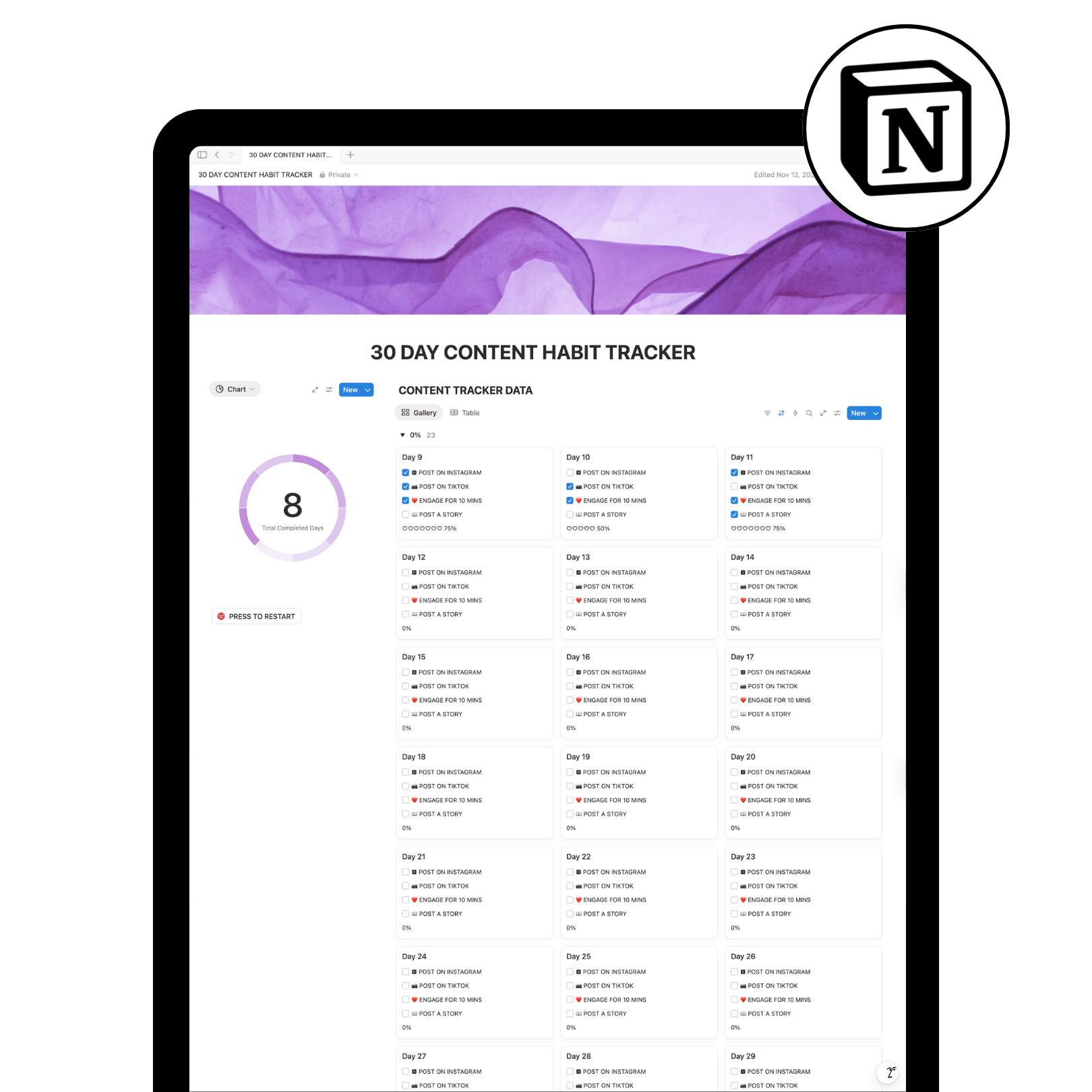 30 Day Content Habit Tracker + Progress Bar Template