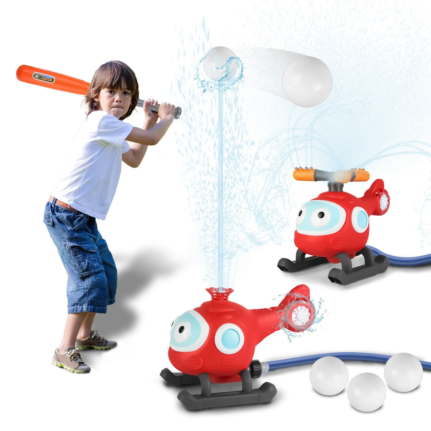 2 In 1 Water Sprinkler Baseball Helicopter Toy for Kids 360°Rotating Water Tee B