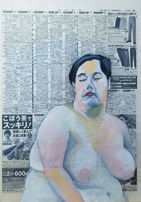 Portrait of a nude female with eyes closed. Oil pastel on printed Chinese newspaper