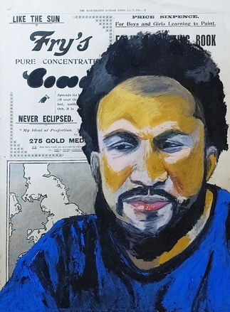 Portrait of a bearded male with a blue shirt. Oil pastel on printed vintage publication