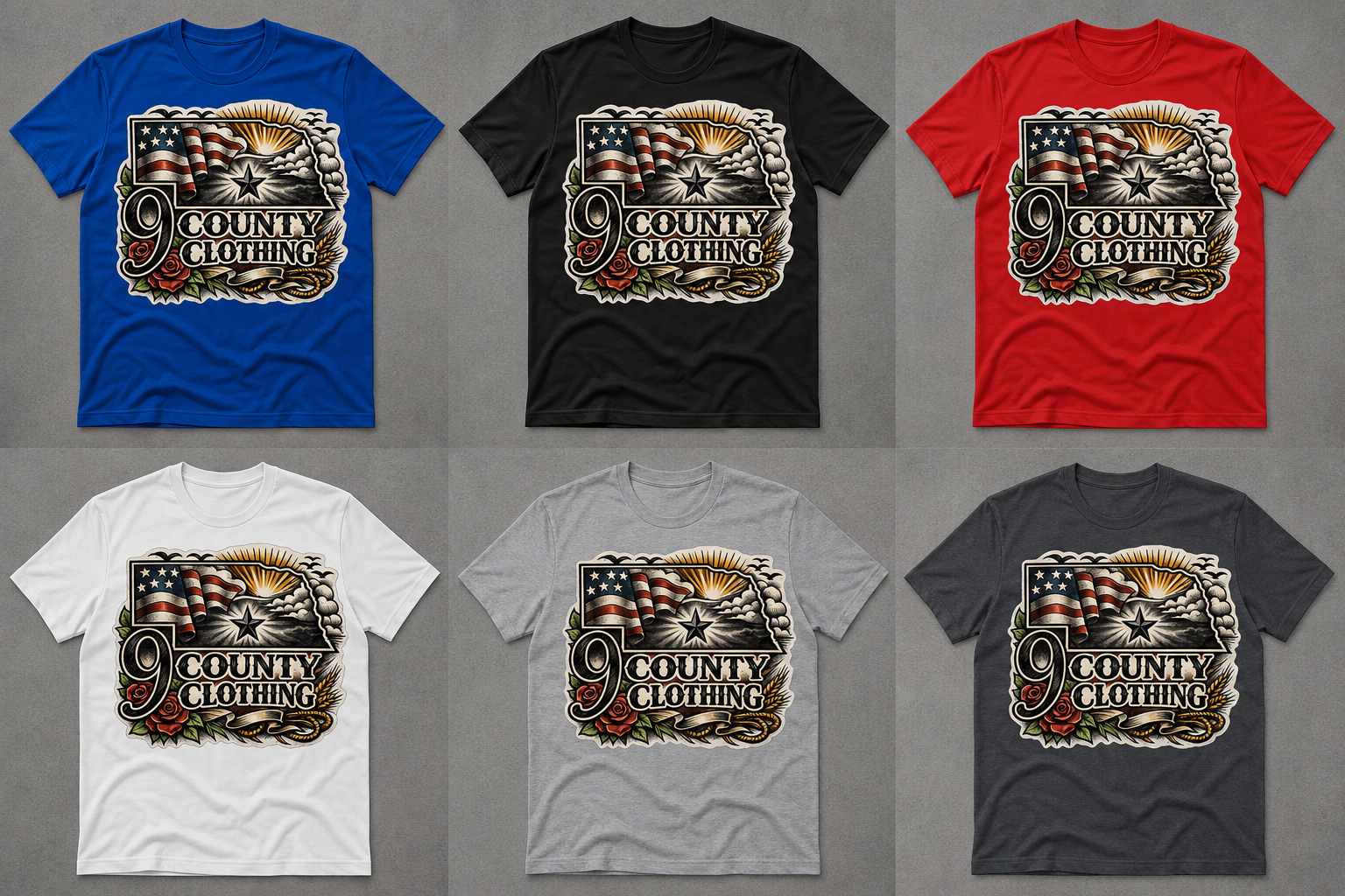 Six t-shirts featuring Nine County Clothing traditional art.