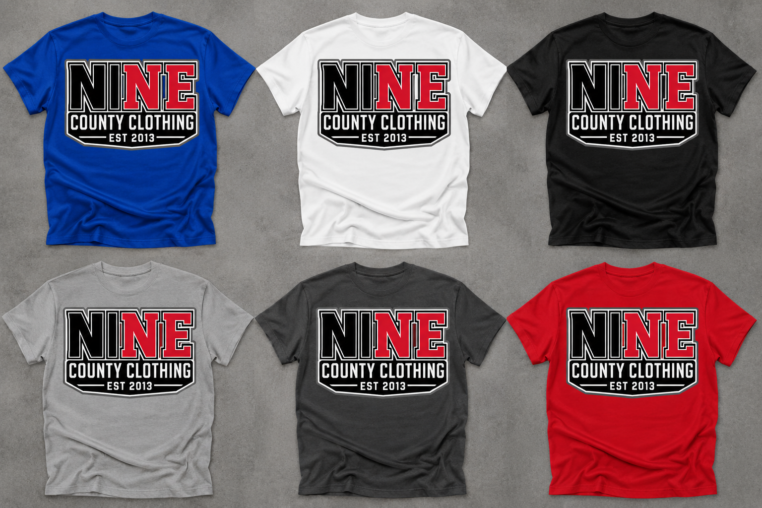 Nine County Clothing t-shirts in various colors.