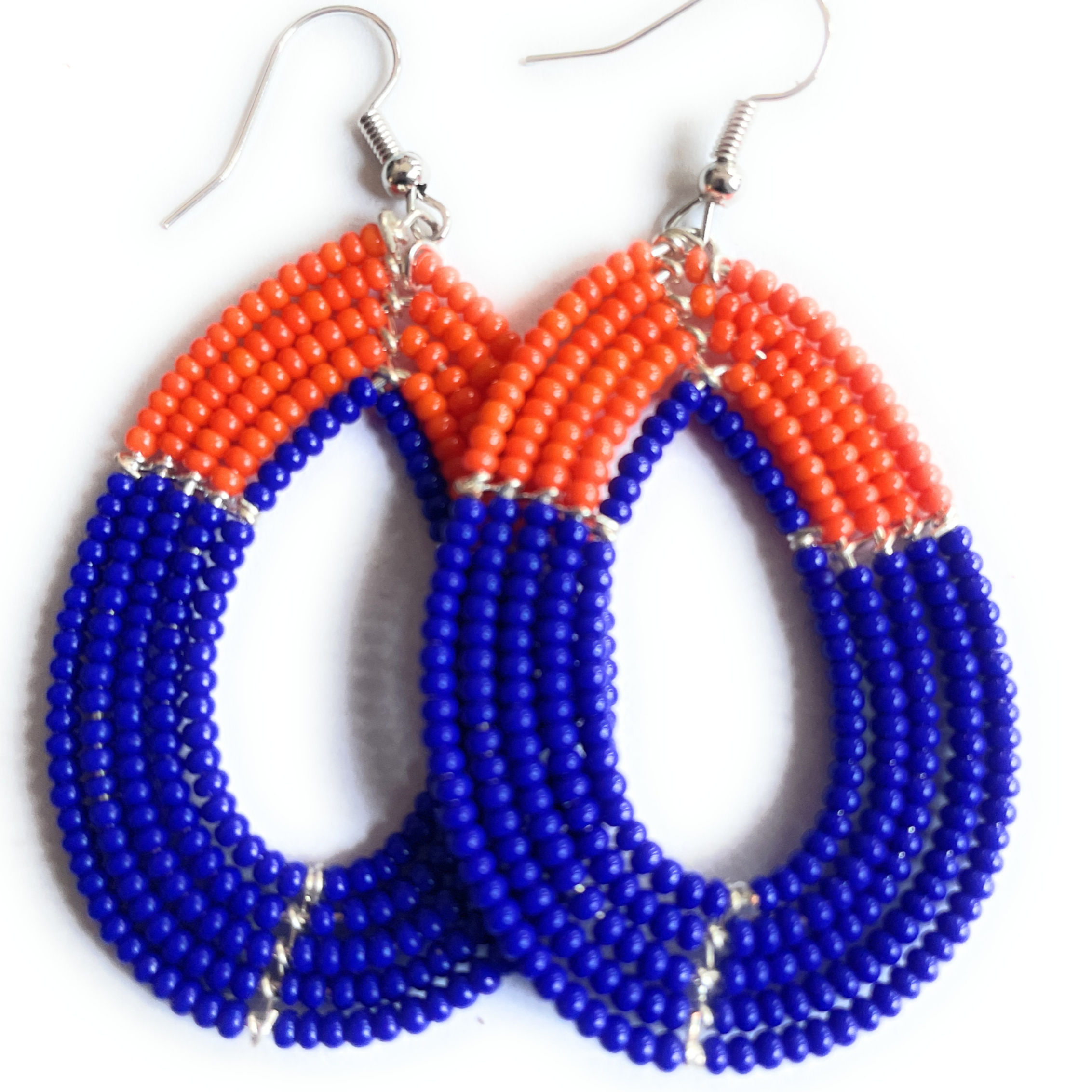 Handmade Gameday Seed Bead Earrings – Alili Bold ” Hoops, Royal Blue And Orange
