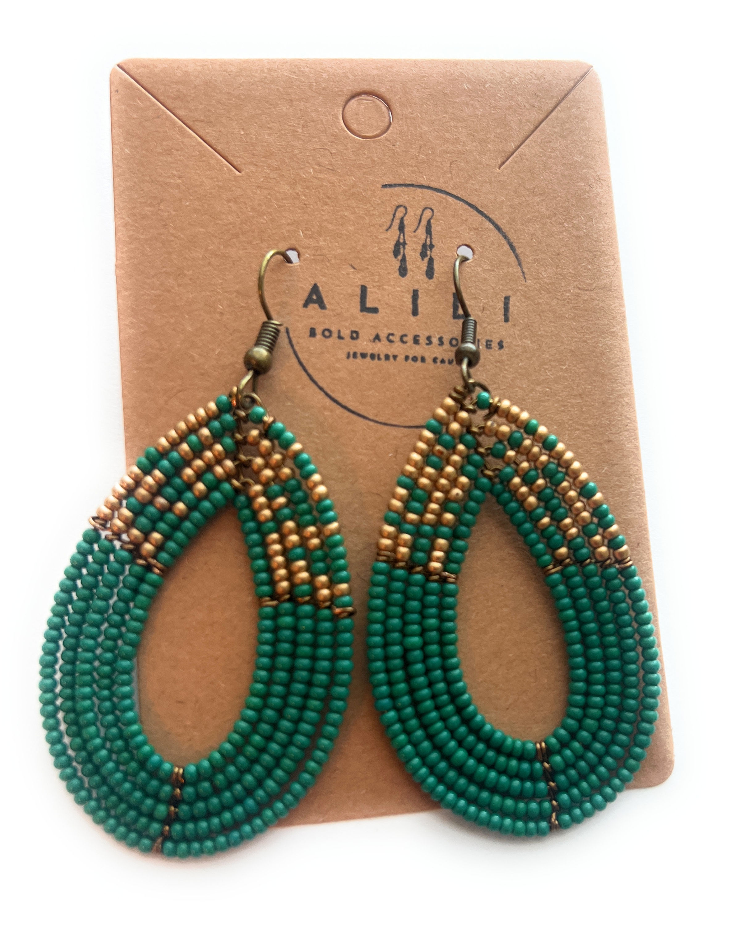 Green And Gold Boho College Earrings Gameday Earrings ALILI Bold Accessories supporting women in need