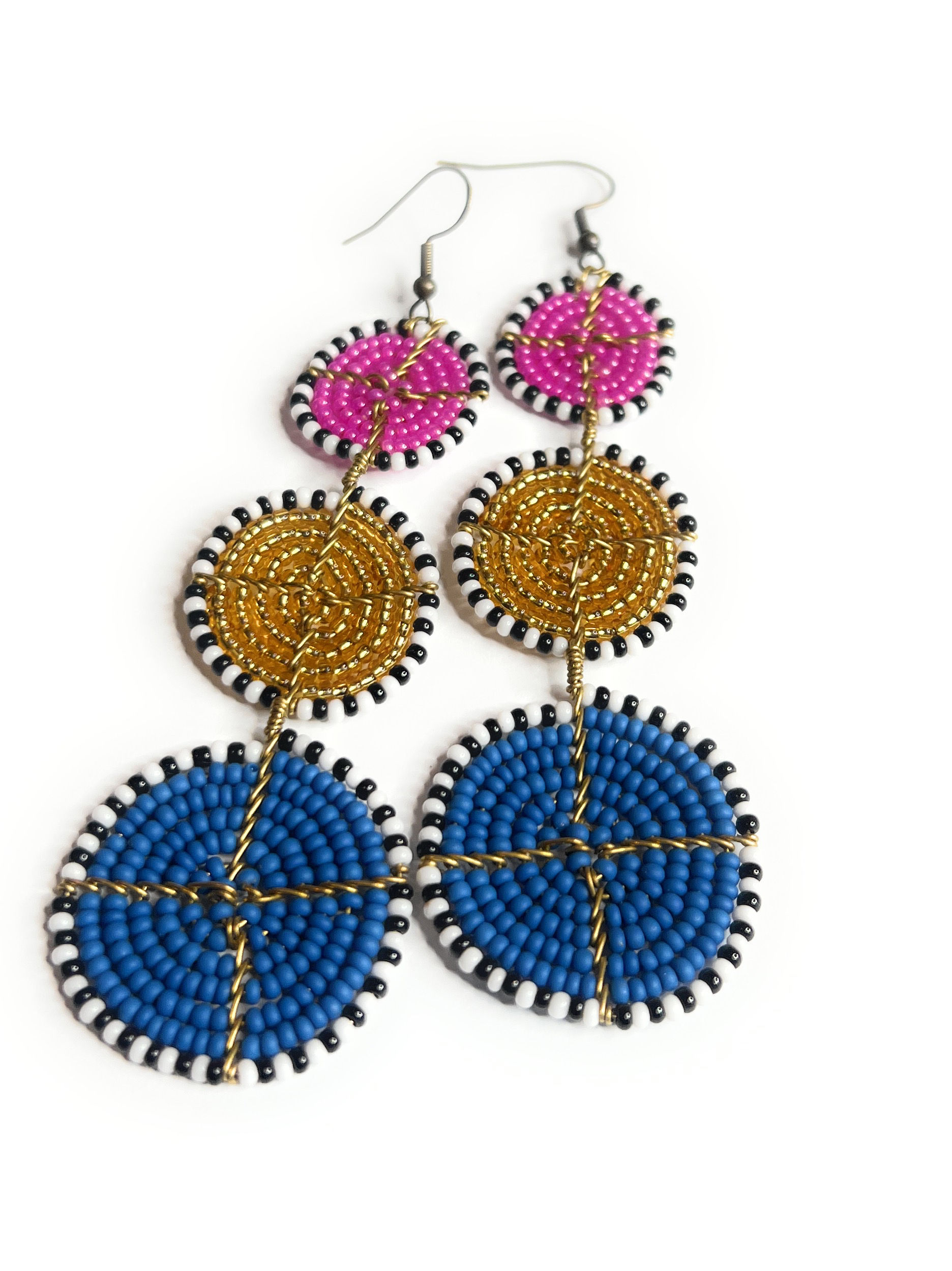 Pink gold and blue earring handmade long summer beaded