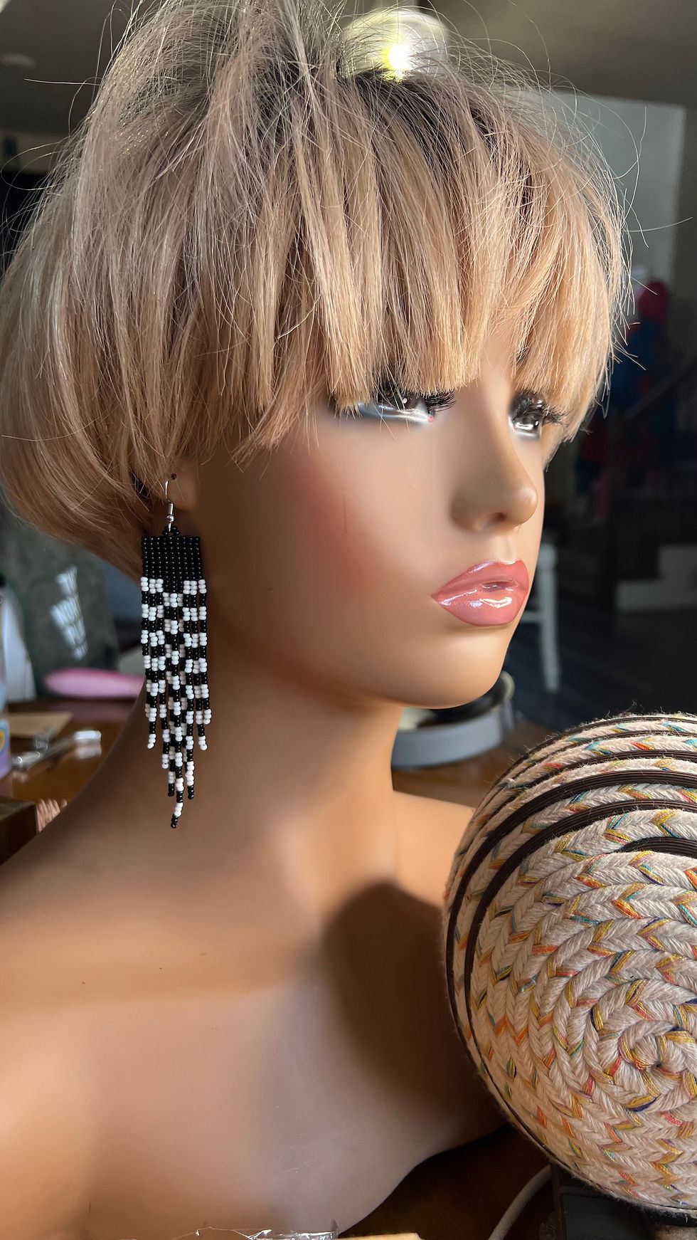 Thumbnail: Alili Bold Accessories, black and white checkered, long fringe earrings