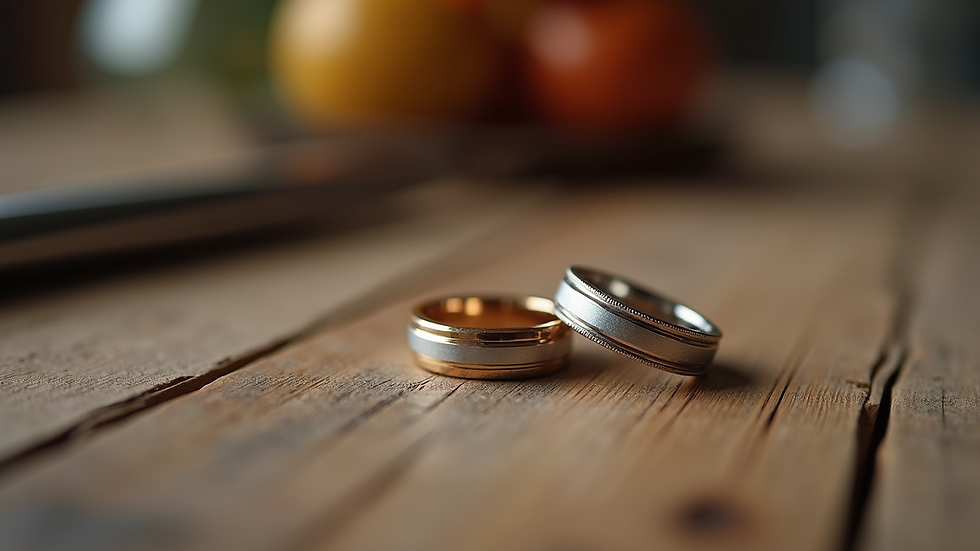Close-up view of wedding rings on a rustic wooden table